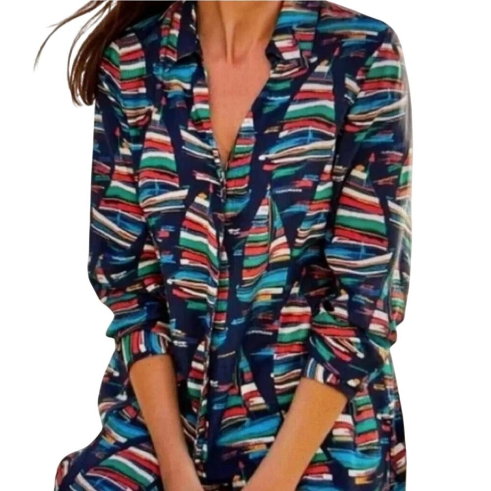 Soft Surroundings Sail Away Top Womens XL Petite Multicolor Sailboat Button